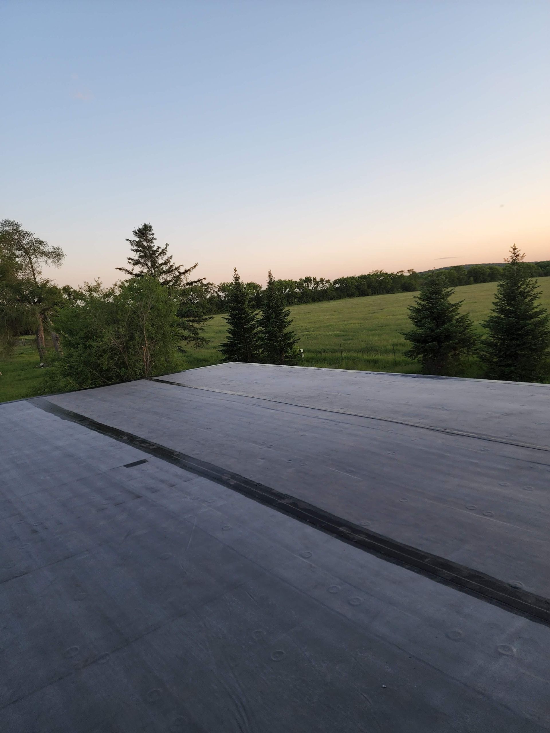 A rooftop with trees in the background and a blue sky