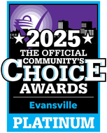 2025 Community's Choice Awards logo for Evansville. Platinum badge with cityscape and checkmark.