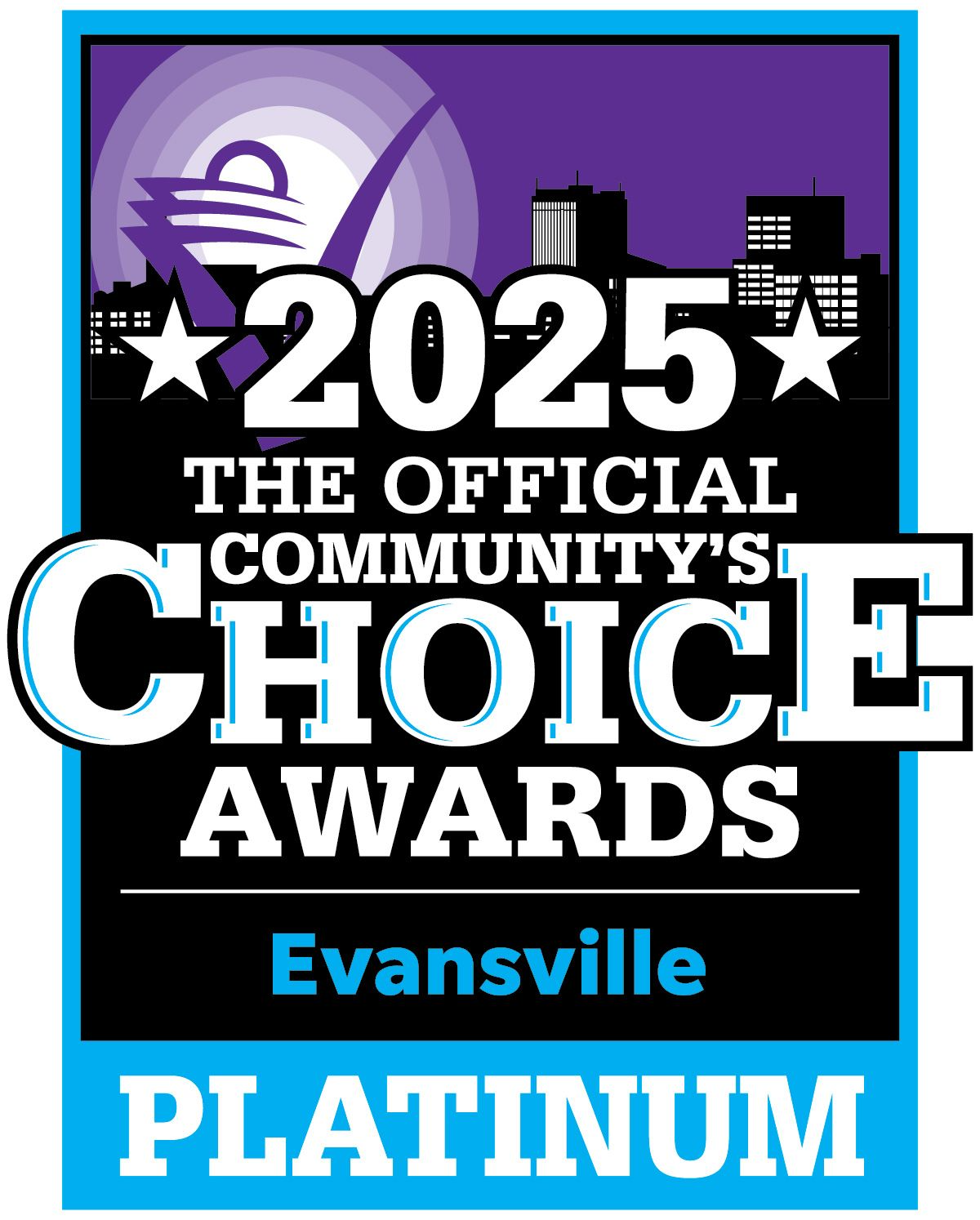 2025 Community's Choice Awards logo for Evansville. Platinum badge with cityscape and checkmark.