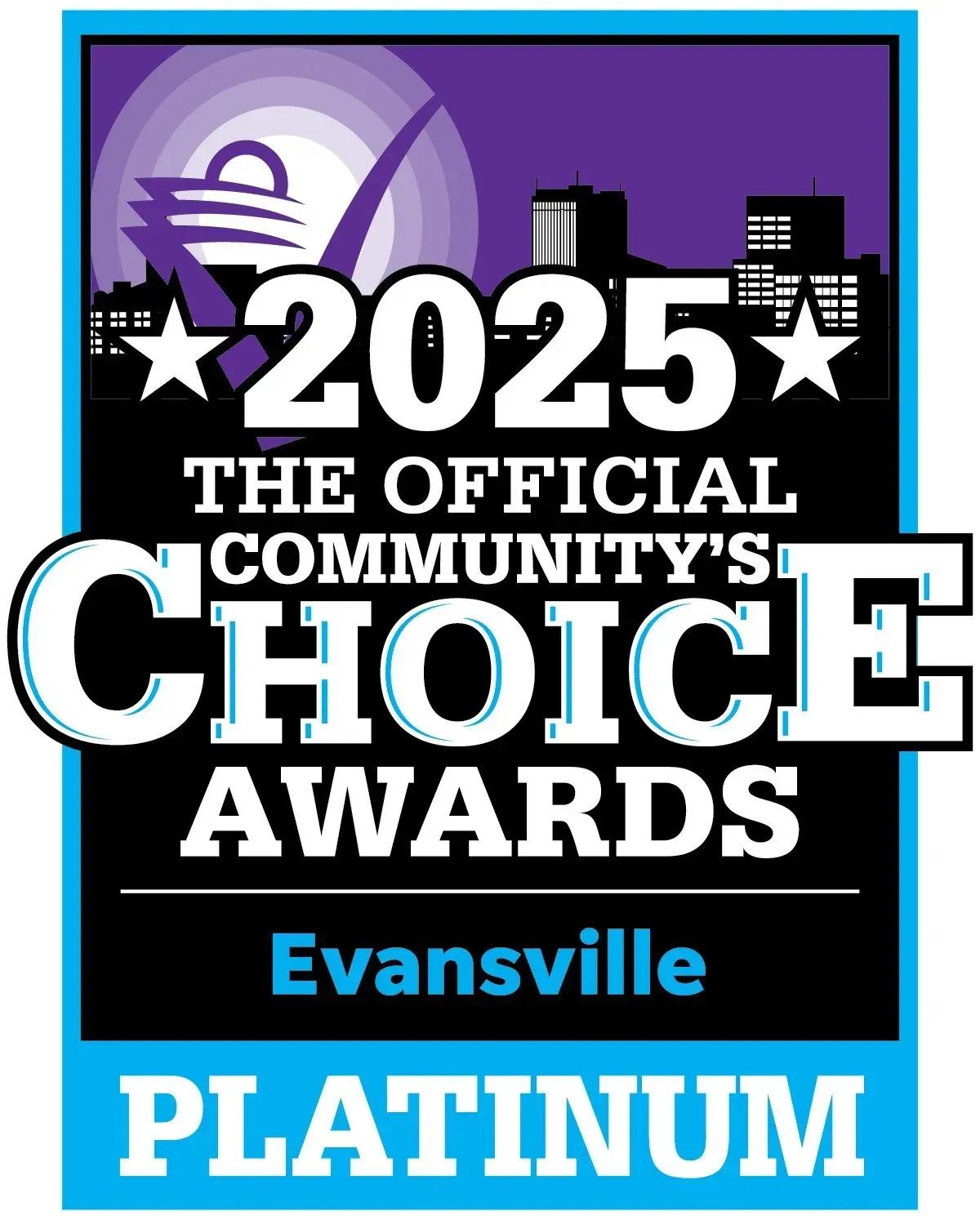 2025 Community's Choice Awards logo for Evansville. Platinum badge with cityscape and checkmark.