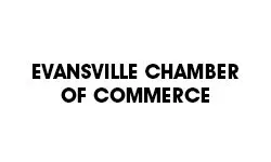 The logo for the evansville chamber of commerce is black and white.