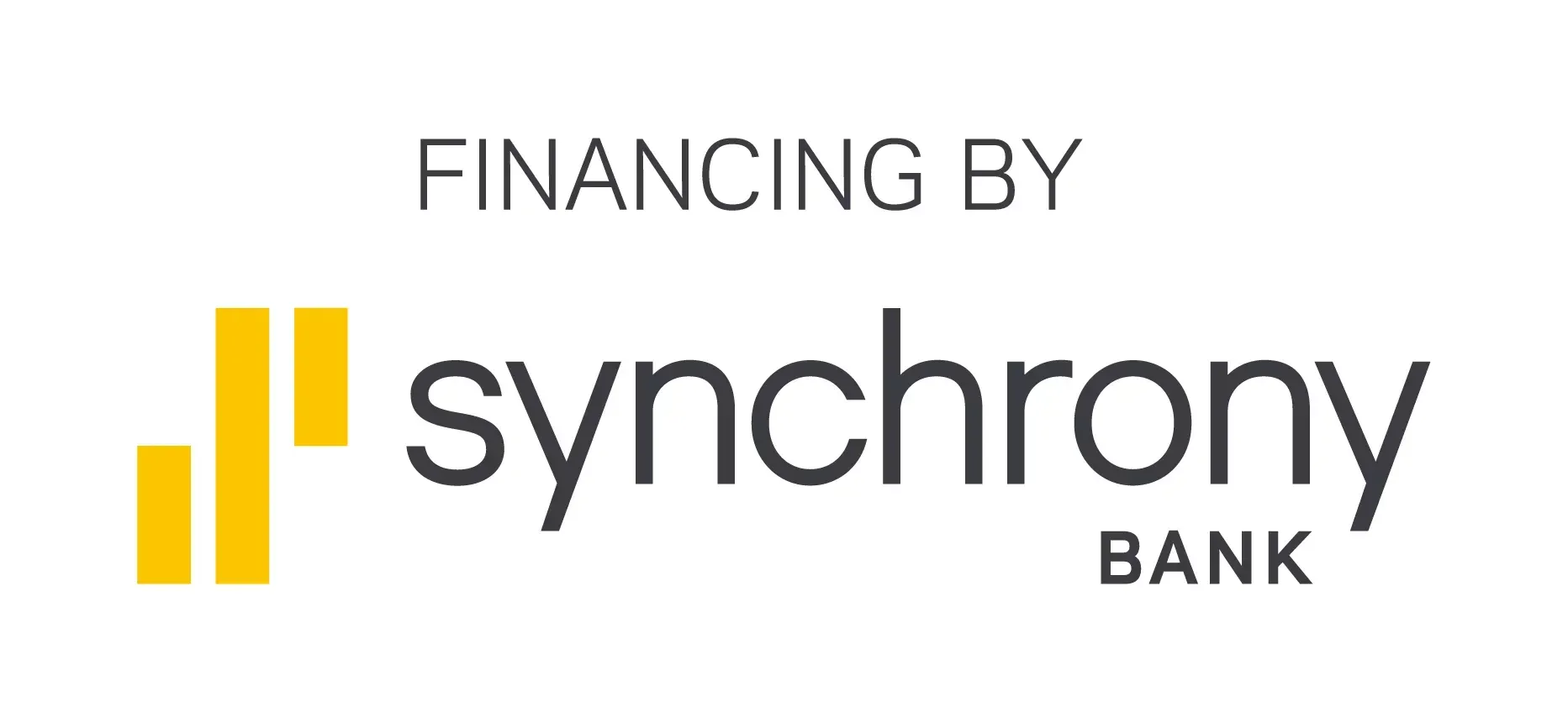 The logo for financing by synchrony bank is yellow and black.