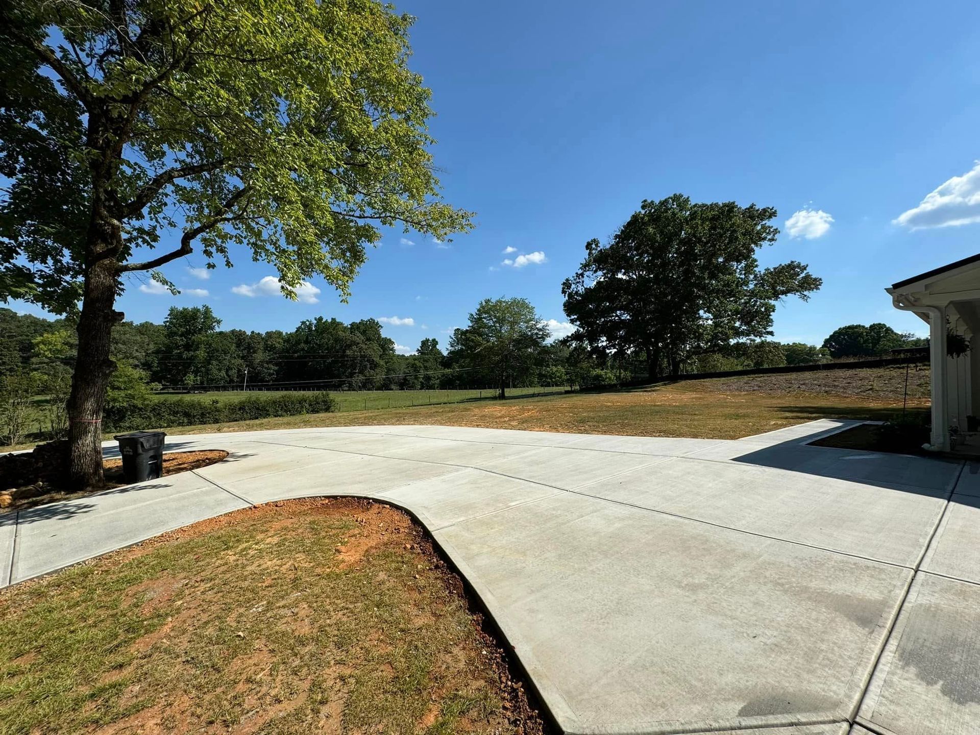 Concrete driveway with a grassy area and trees on a sunny day.