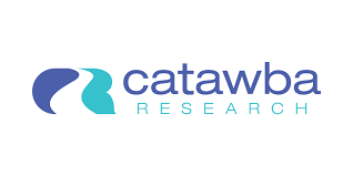 Logo of Catawba Research. Features a blue and teal stylized river with the words