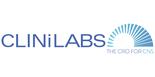 Logo for CLINIlabs, featuring text and a blue semi-circle graphic. The text reads