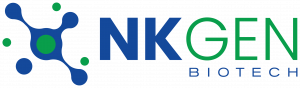 Logo for NKGen Biotech: Blue and green molecular structure with text
