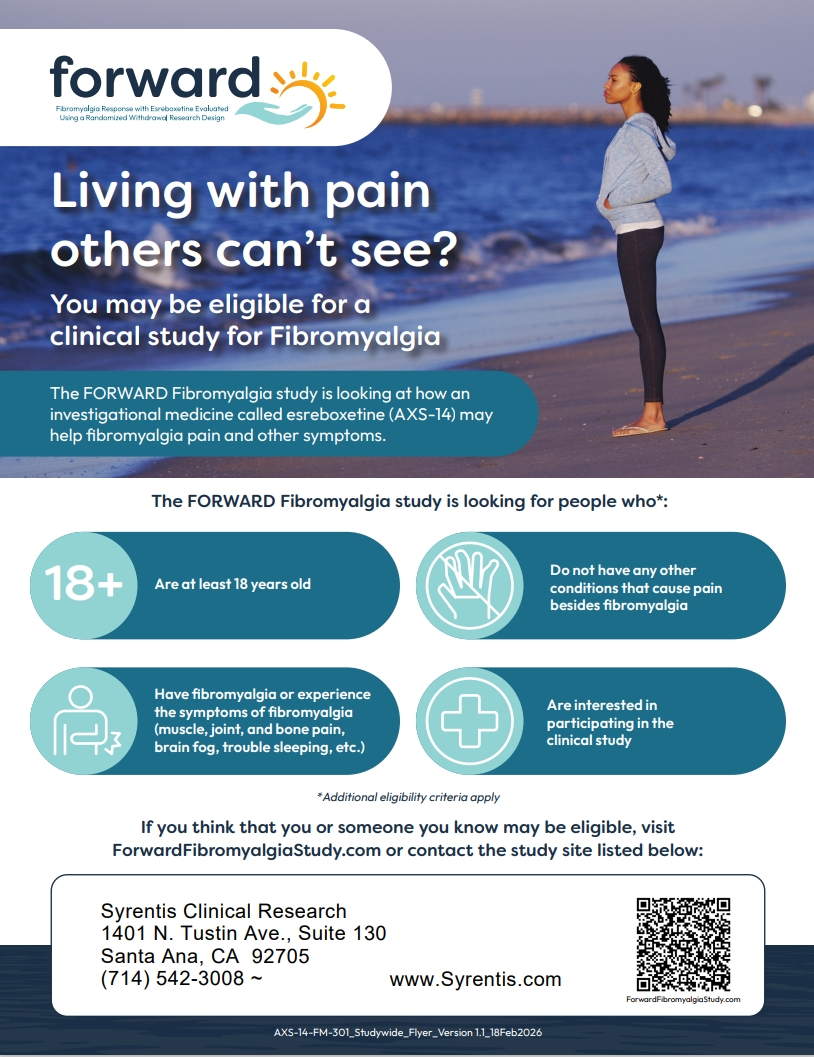 Flyer for a fibromyalgia clinical study at Forward Clinical Research featuring a person standing on a beach.