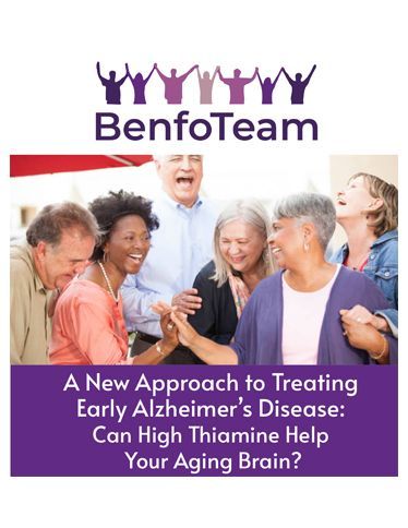 BenfoTeam ad with smiling people and headline about thiamine helping aging brains and early Alzheimer's disease