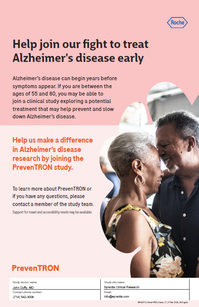 Alzheimer’s treatment awareness poster with pink background, smiling couple, and trial participation details