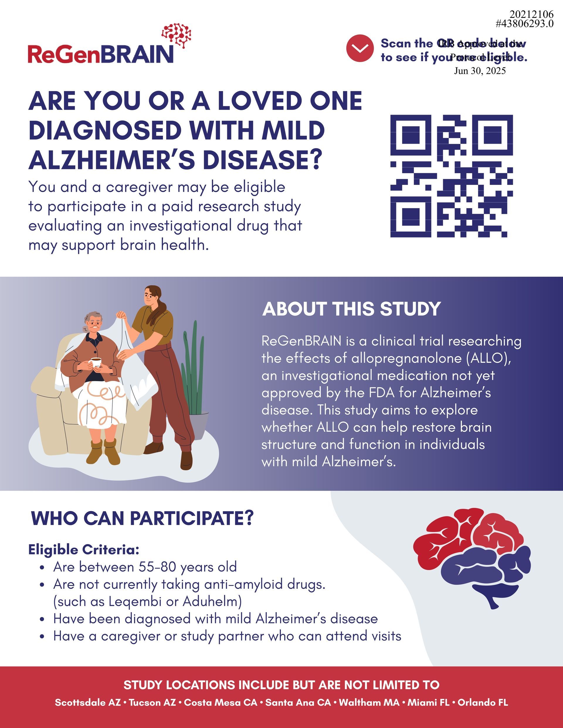 ReGenBRAIN flyer recruiting adults with mild Alzheimer’s for a brain-health study, with a QR code and a brain graphic