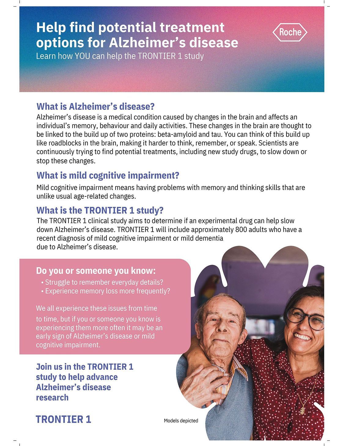 Brochure on treatment options for Alzheimer’s disease with photo of older adults at bottom right