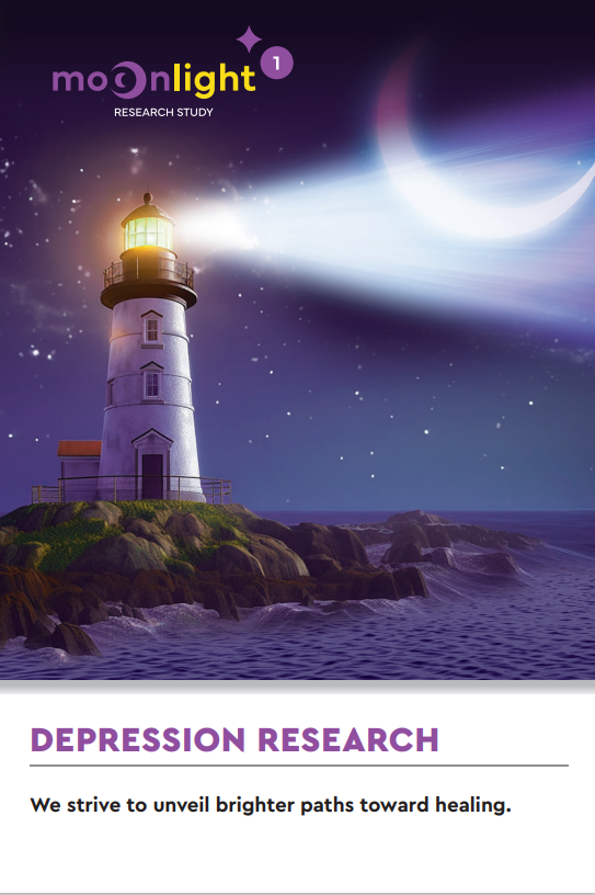 A lighthouse projecting a bright beam over the sea with “Depression Research” text below.