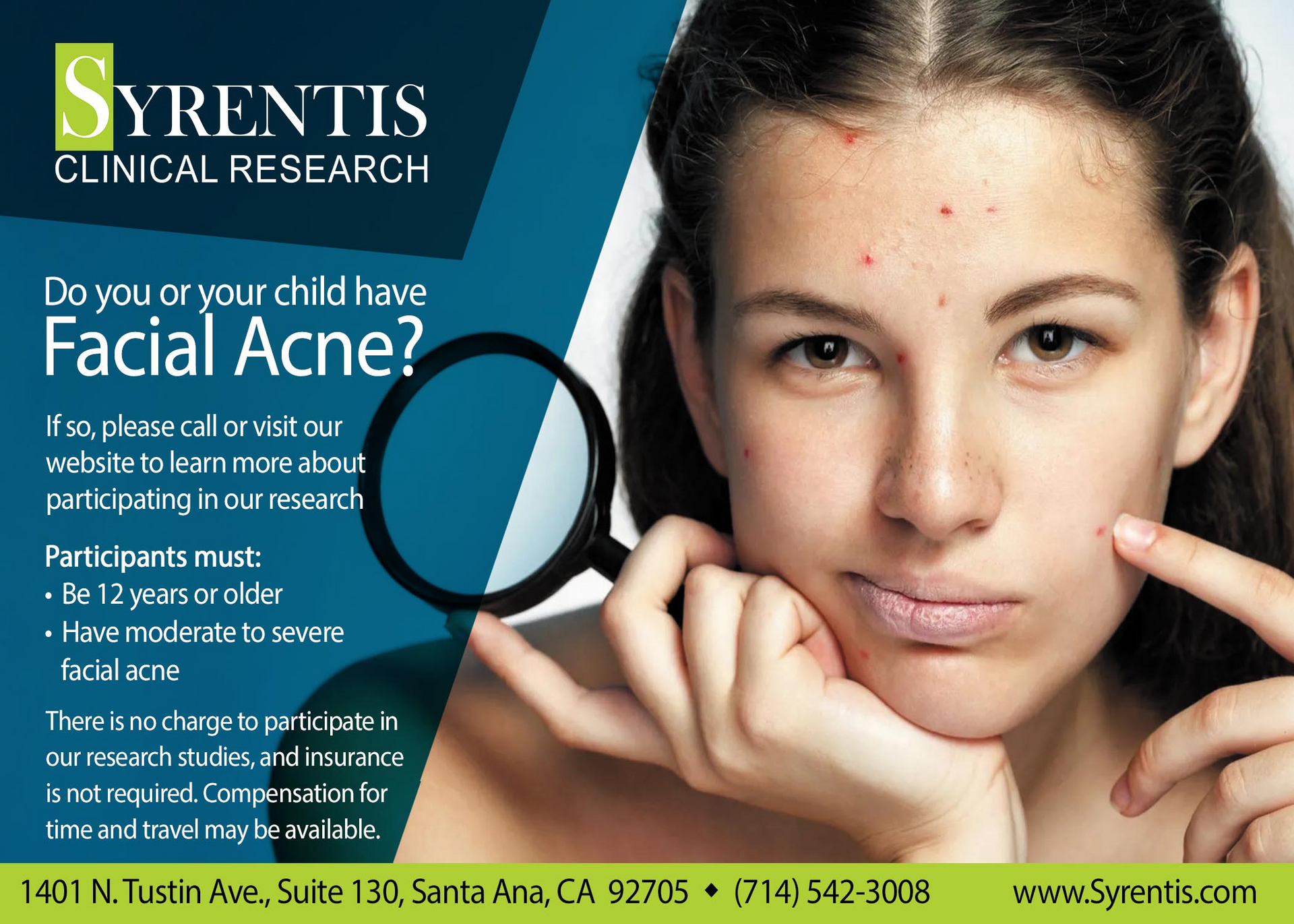 Acne clinical research ad with woman touching blemished face and magnifying glass, blue background