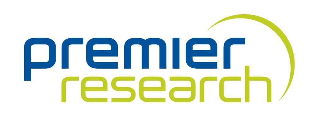 Premier Research logo in blue and green with a curved green line.