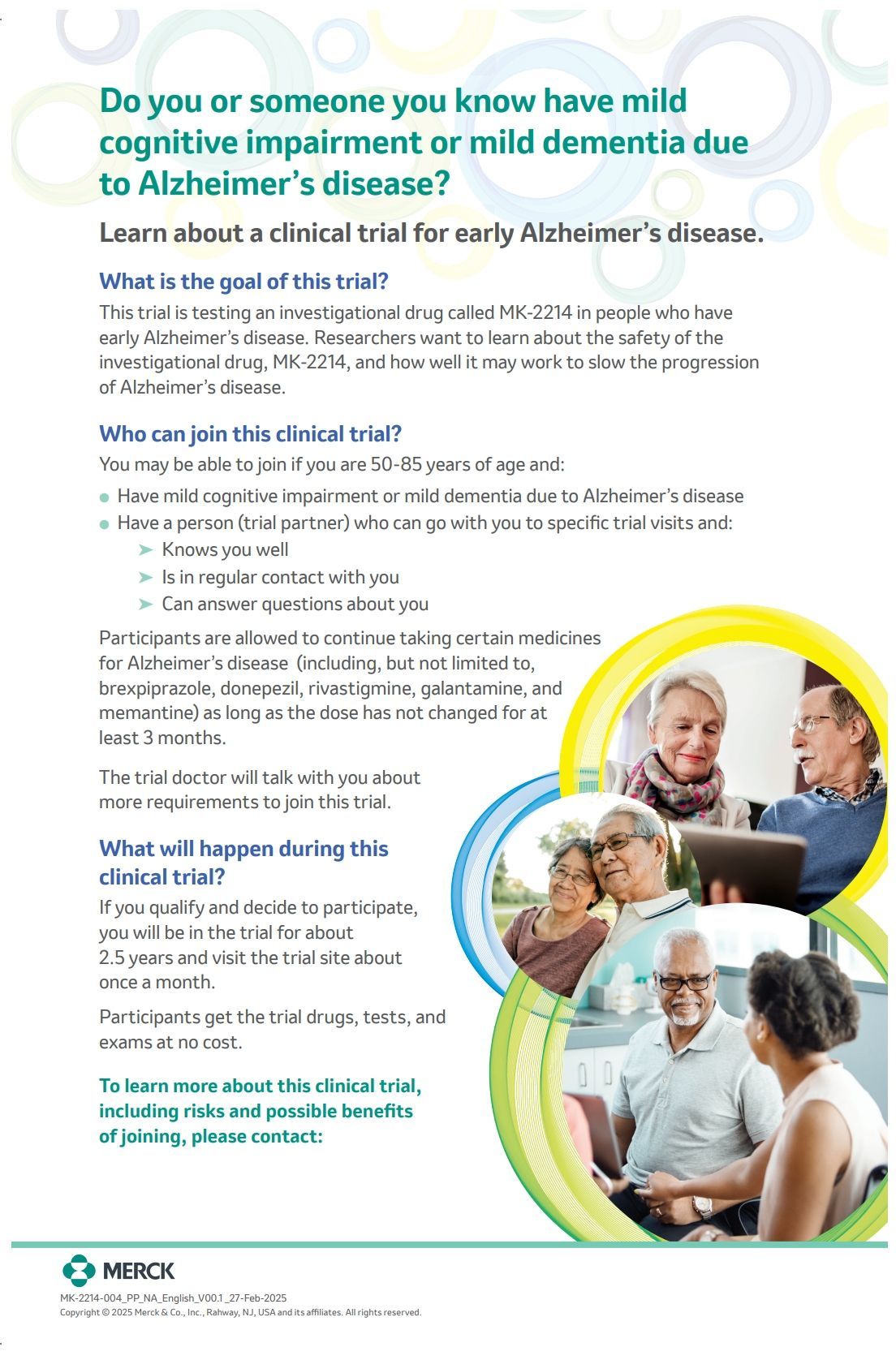 Flyer: Seeking participants for an early Alzheimer's disease clinical trial; features a group of seniors in a variety of settings.