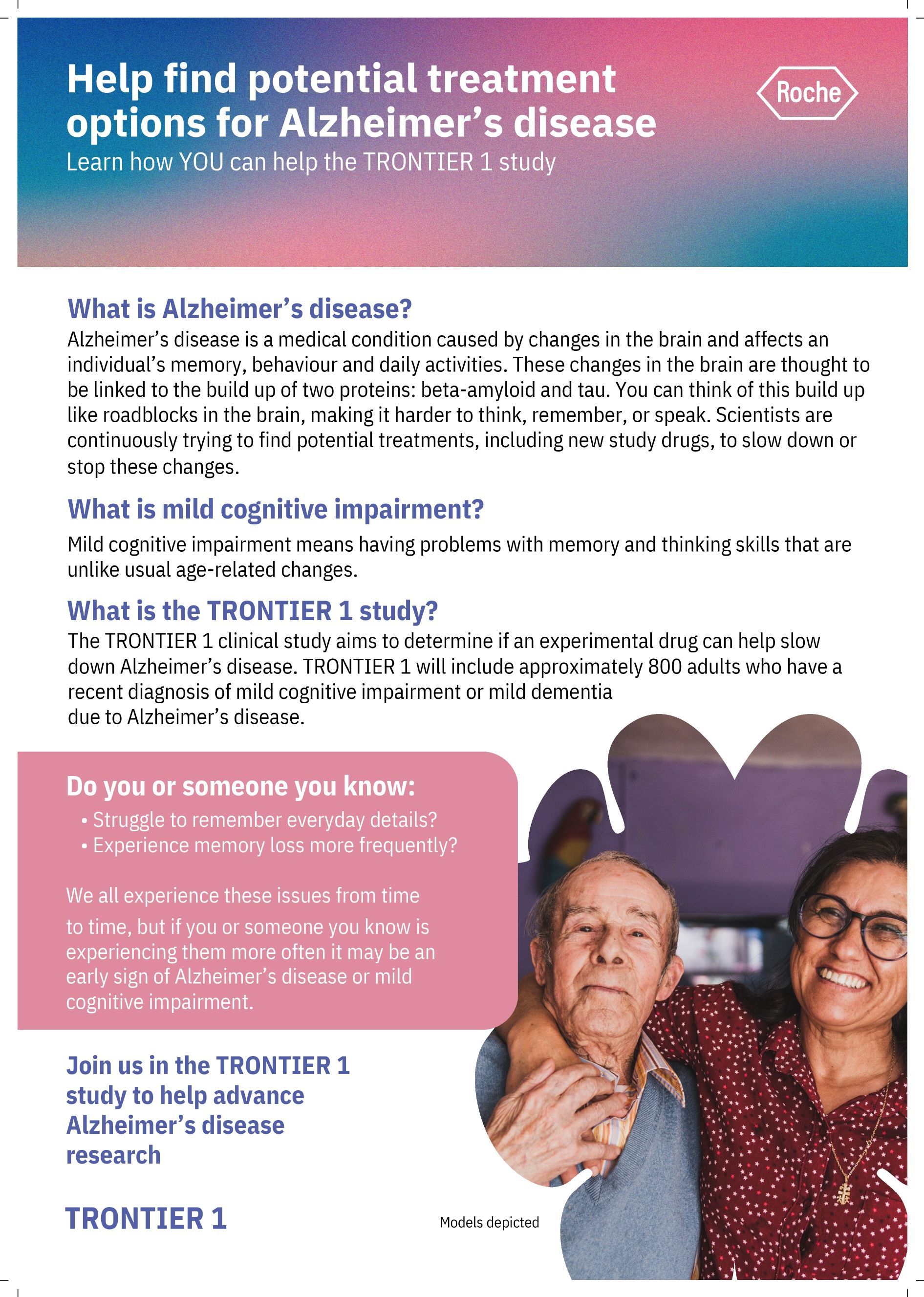 Advertisement for Alzheimer's disease treatment research; a man and woman embrace.