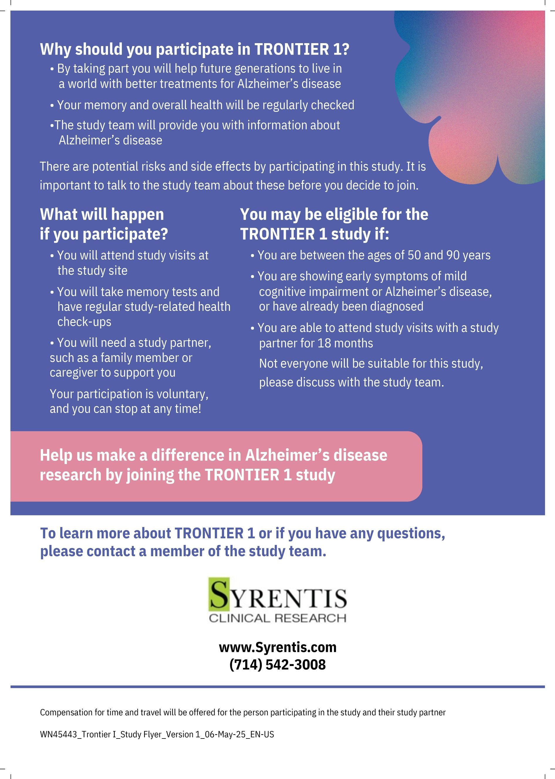 Flyer for a medical study about Alzheimer's research with text and the Syrentis logo.