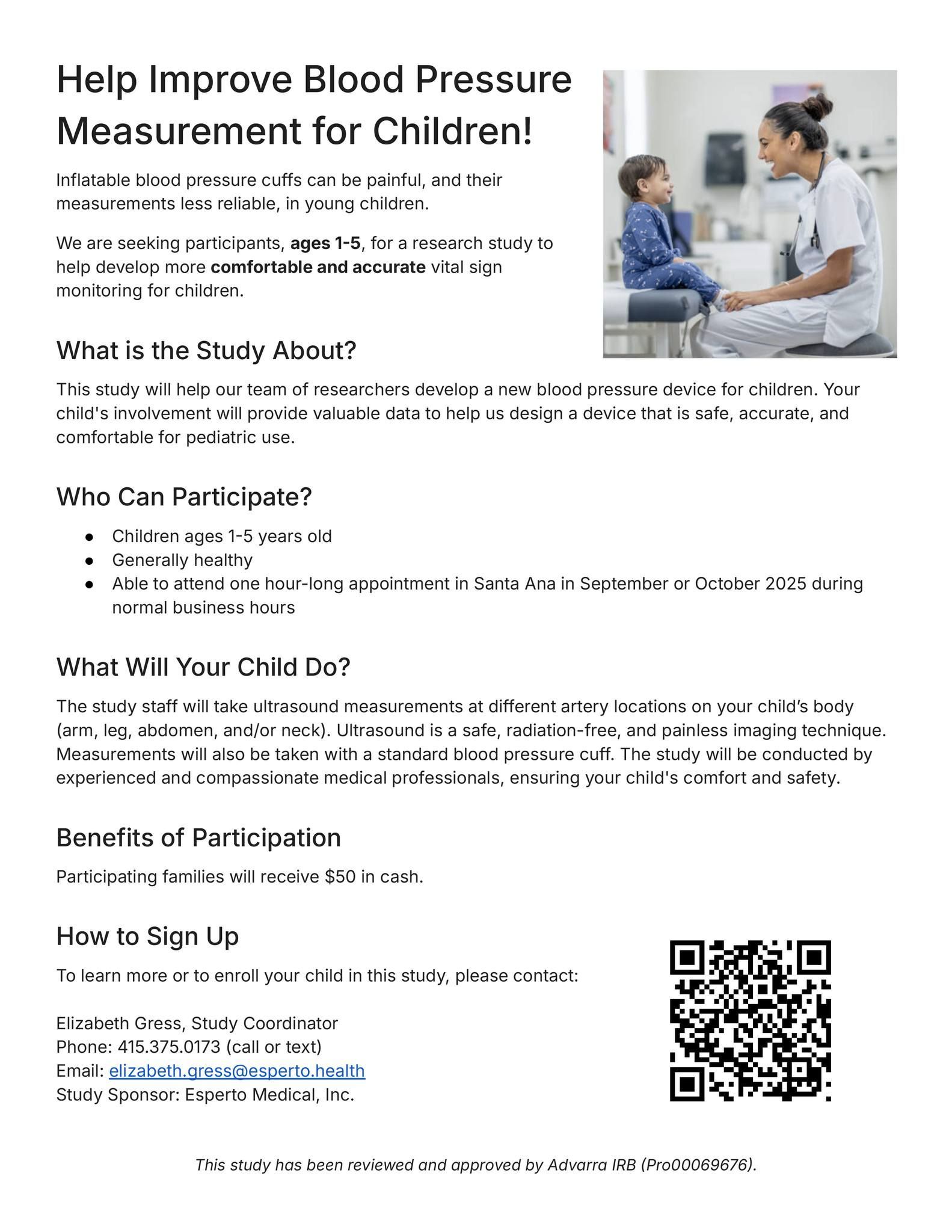 Flyer: Improving blood pressure measurement for children. Nurse with child. QR code to sign up.