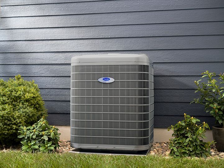 A gray Carrier central air conditioning unit sits outside against dark blue horizontal siding with green bushes nearby.