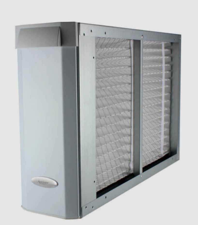 A silver, rectangular whole-home air cleaner unit with pleated filters visible on its side.