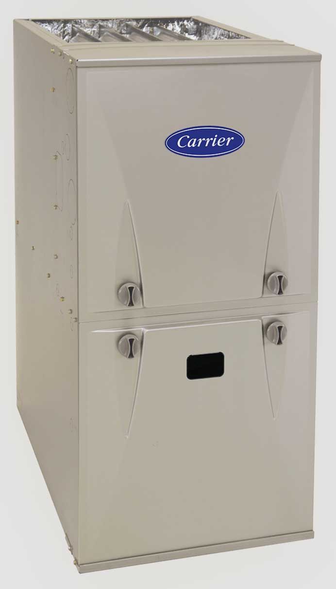 A beige, vertical Carrier HVAC furnace unit with two removable panels and a central blue logo on a plain background.