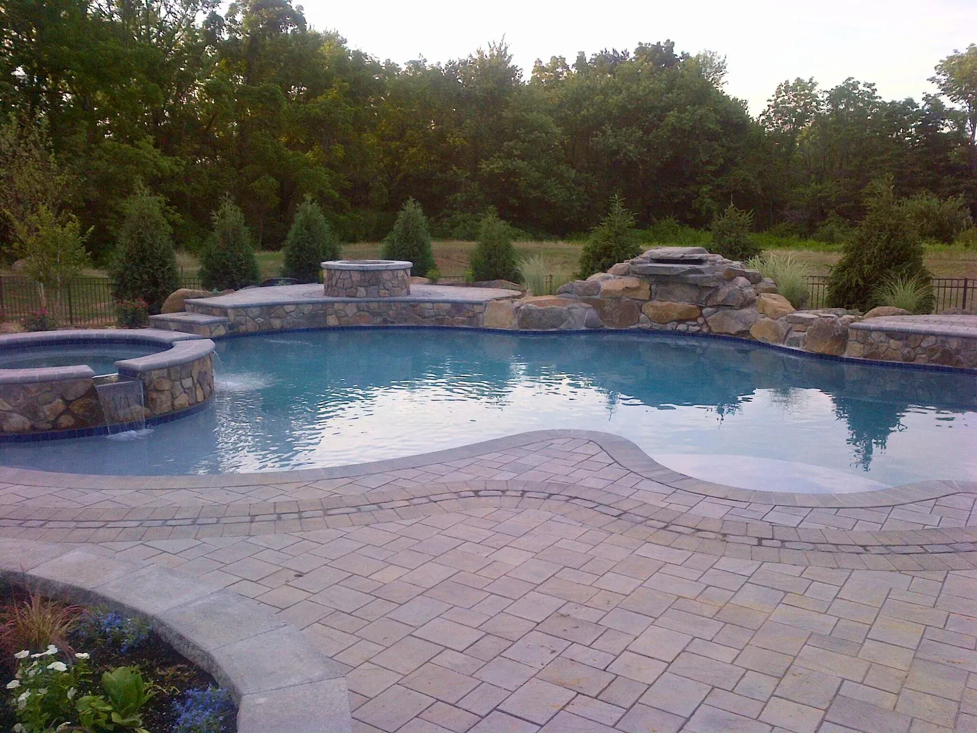 Curved backyard pool with stone edging and patio, surrounded by trees and shrubs