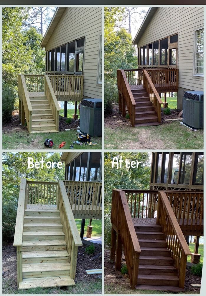 Deck stairs before and after staining. Wooden stairs on a house exterior, stained brown.