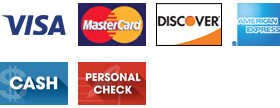 Visa, Mastercard, Discover, American Express, Cash, and Personal Check