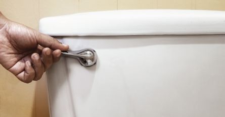 Hand flushing a toilet by pressing the metal lever on a white tank