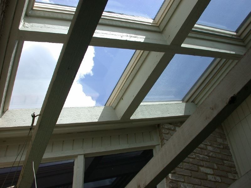 Looking up at the sky through a skylight
