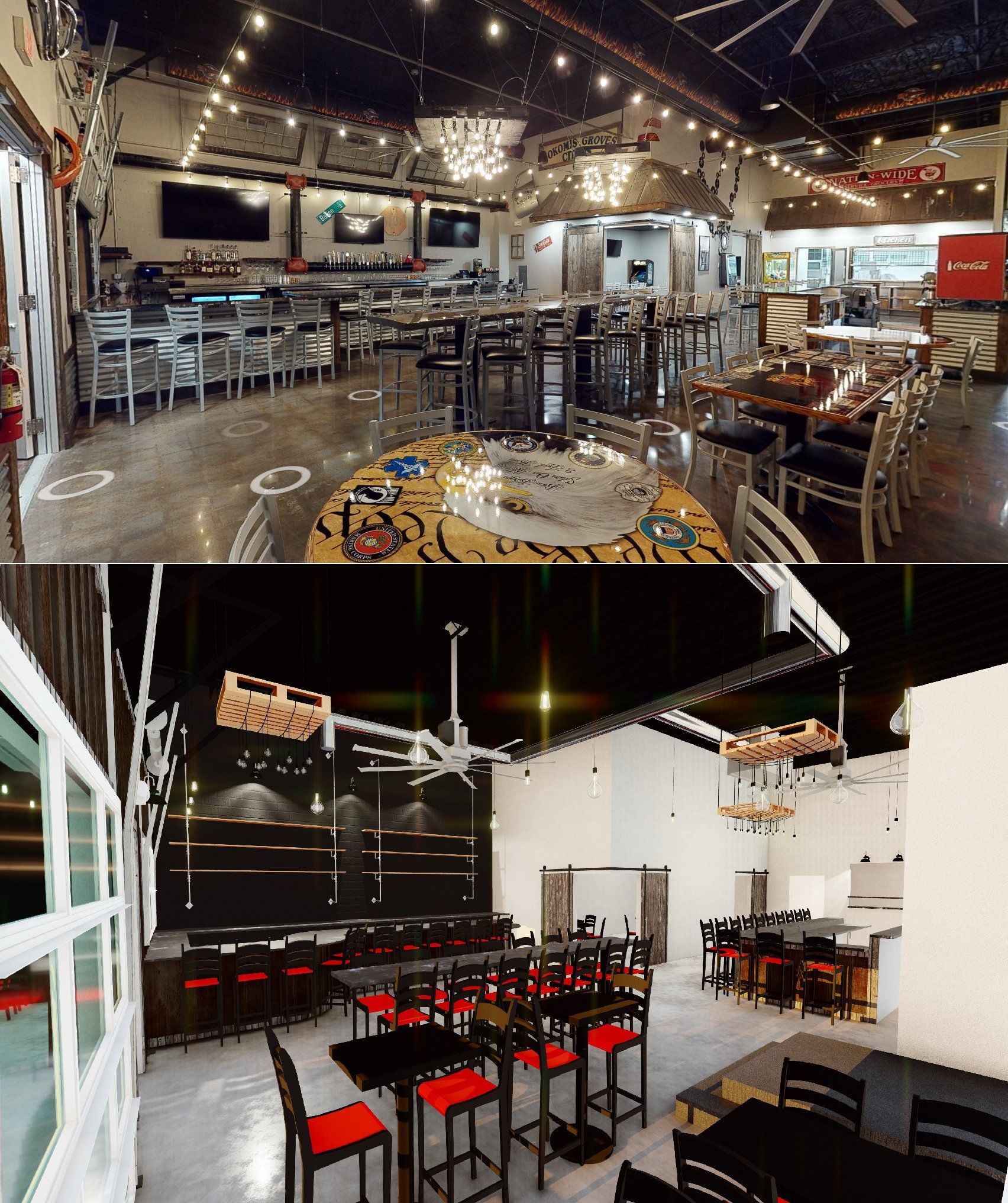 Two bar interiors: one bright, one dark. The top shows a spacious bar with seating. The bottom showcases a stage and seating.