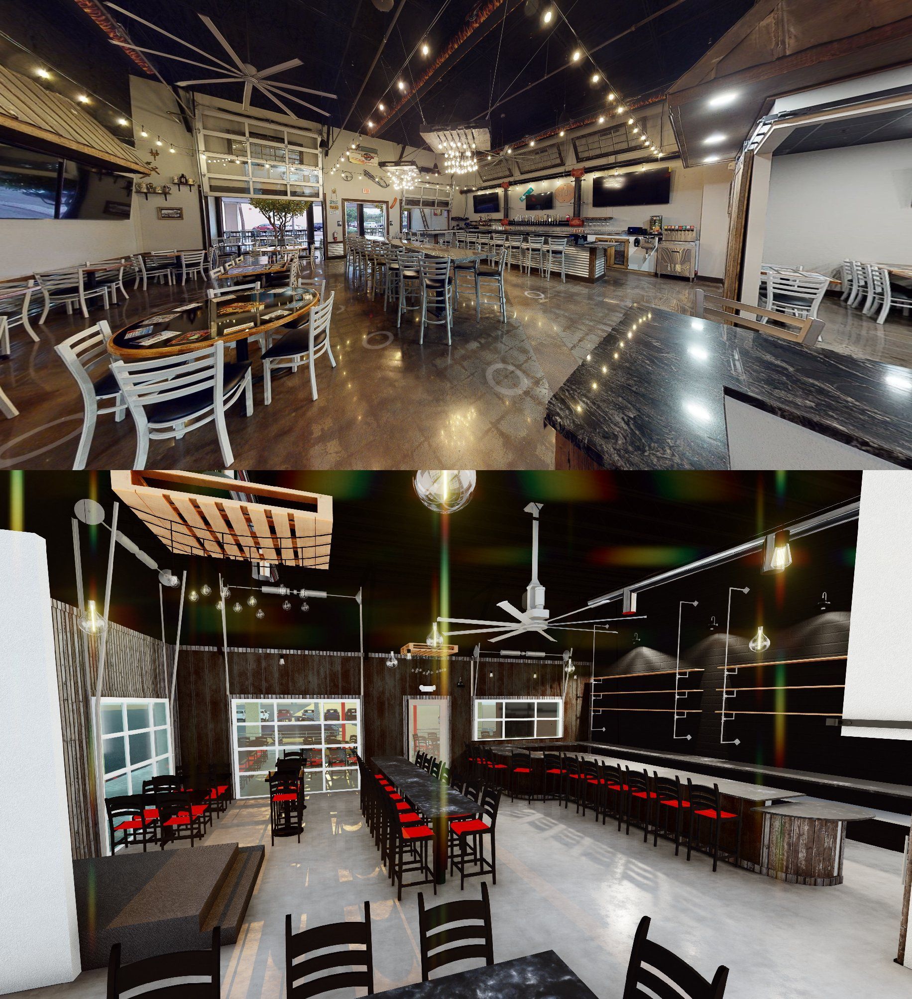 Restaurant interior with dining tables and bar. Top photo is a realistic view, bottom is an artist rendering.