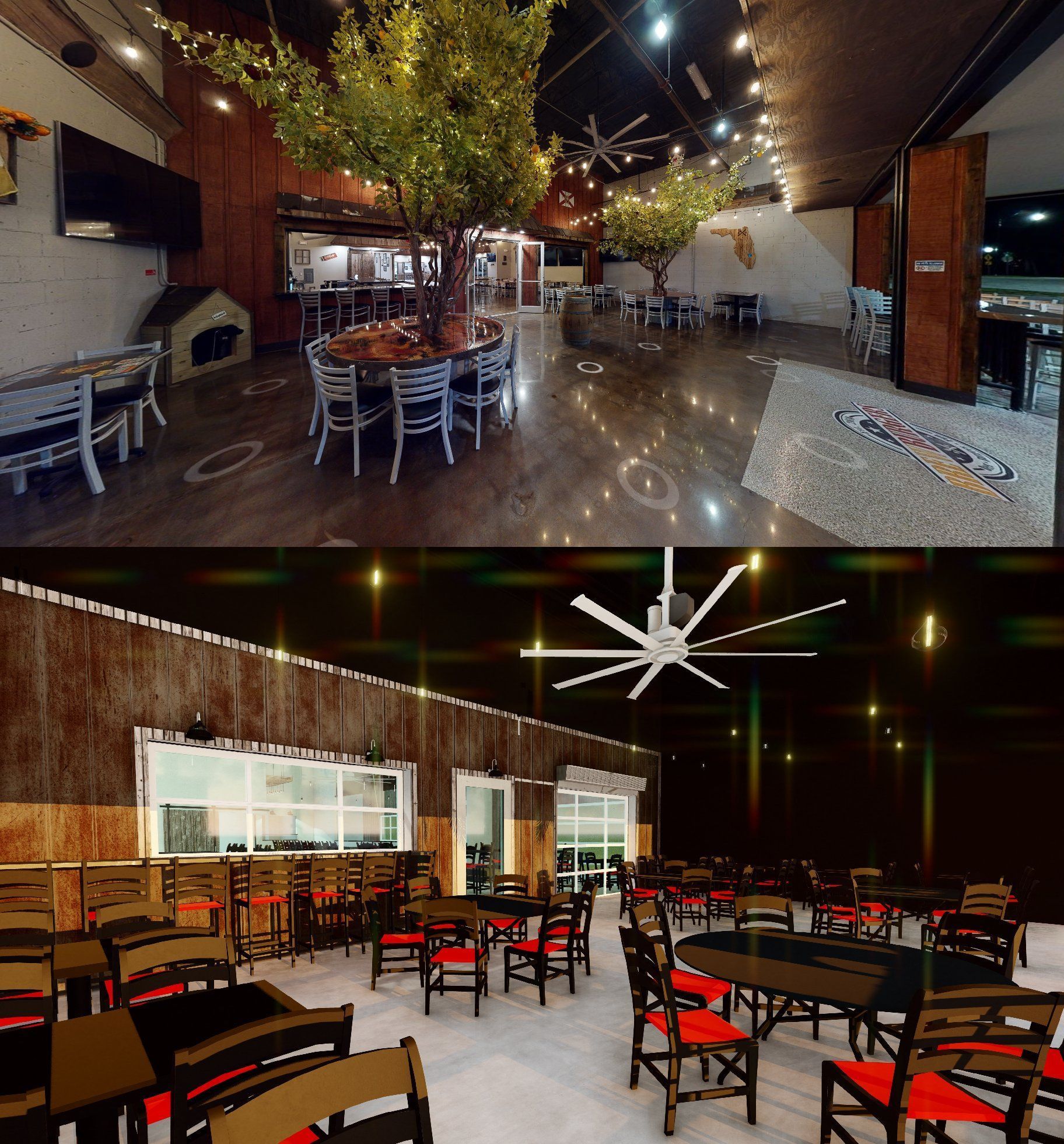 Two views of a restaurant interior: one with tables, a bar, and trees; the other with tables, chairs, and large fan.