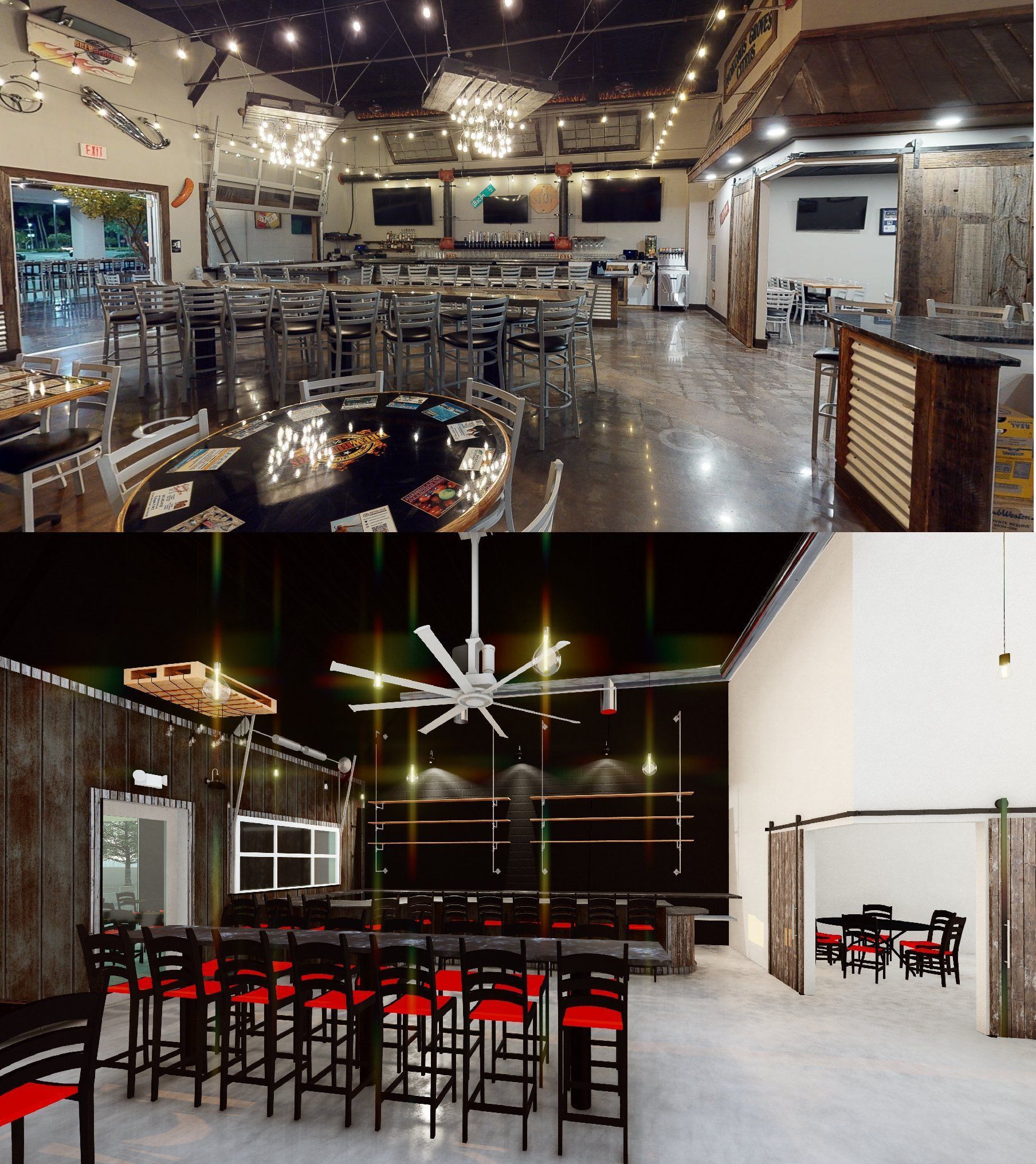 Two-panel image of a bar/restaurant interior with a bar, seating areas, and rustic decor.