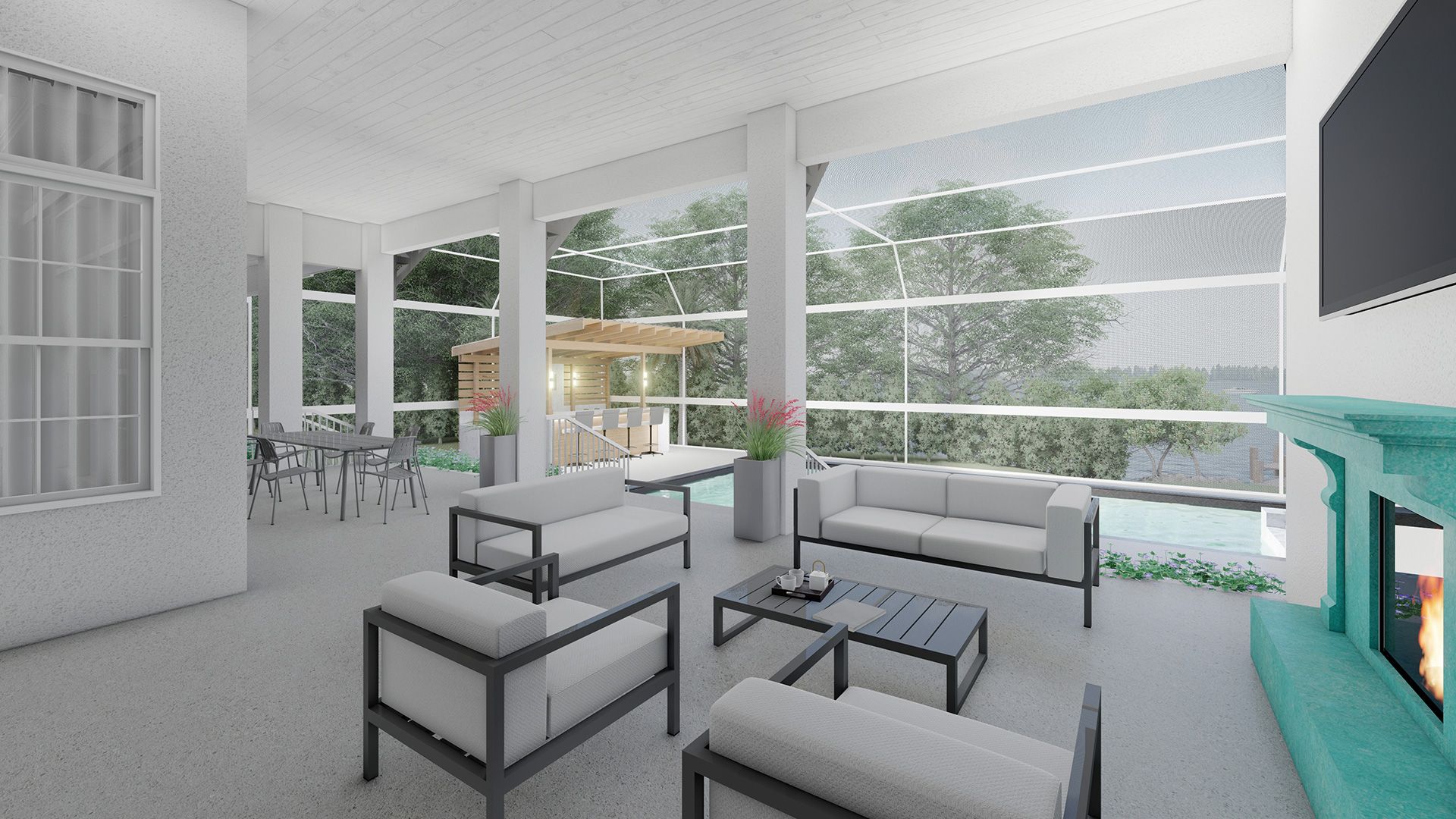 Outdoor living space with gray furniture, a fireplace, and a view of a pool.