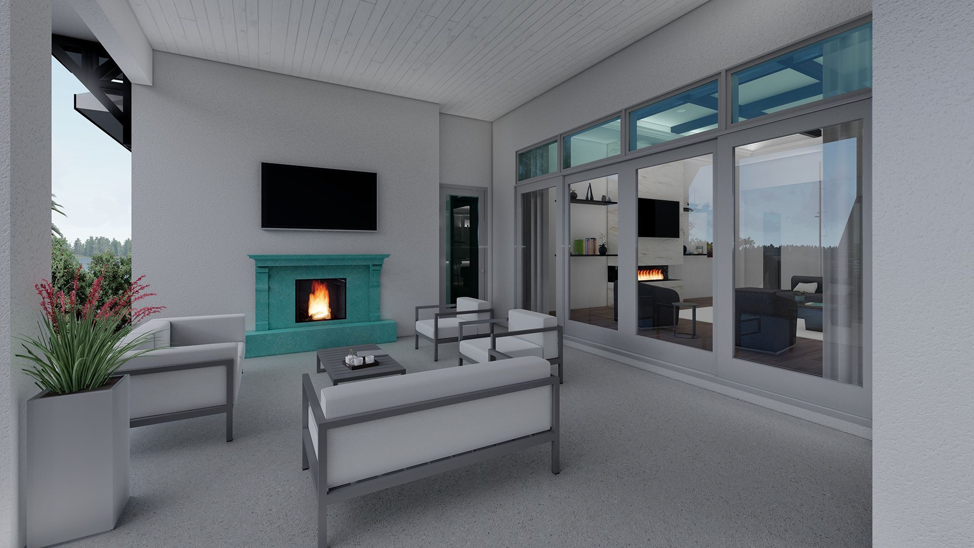 Outdoor patio with white furniture, a teal fireplace, and sliding glass doors.