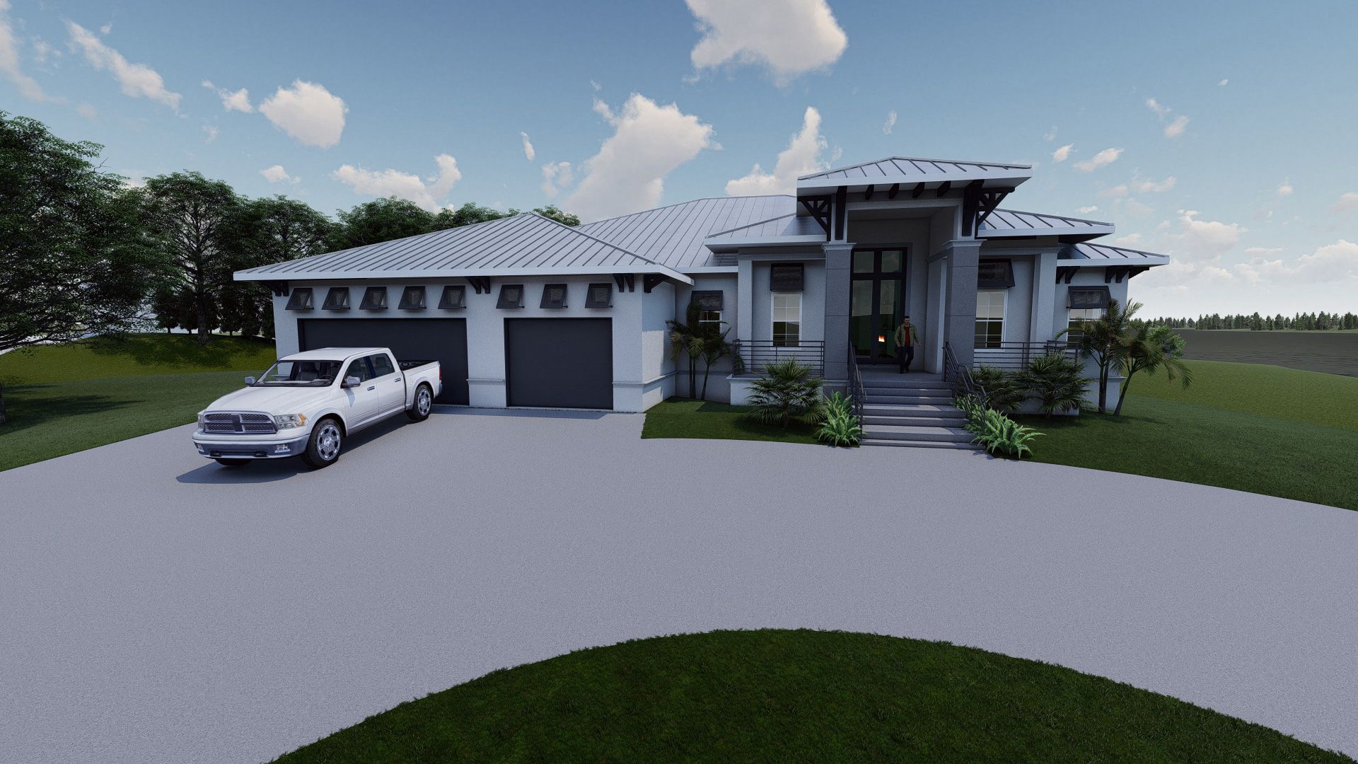 Modern home with a gray roof, light blue siding, a two-car garage, and a white pickup truck parked in the driveway.