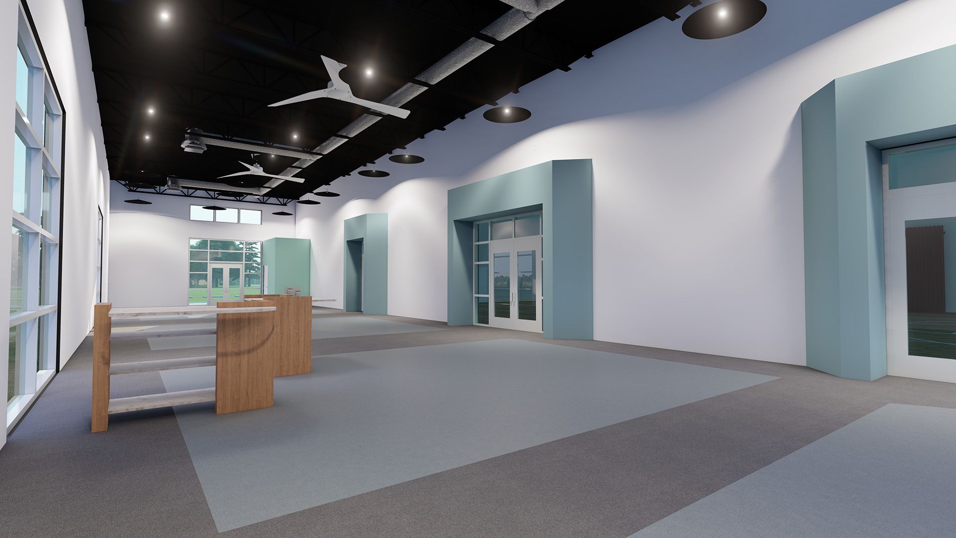 Empty, brightly lit interior space with a black ceiling, gray flooring, and aqua-colored door frames.