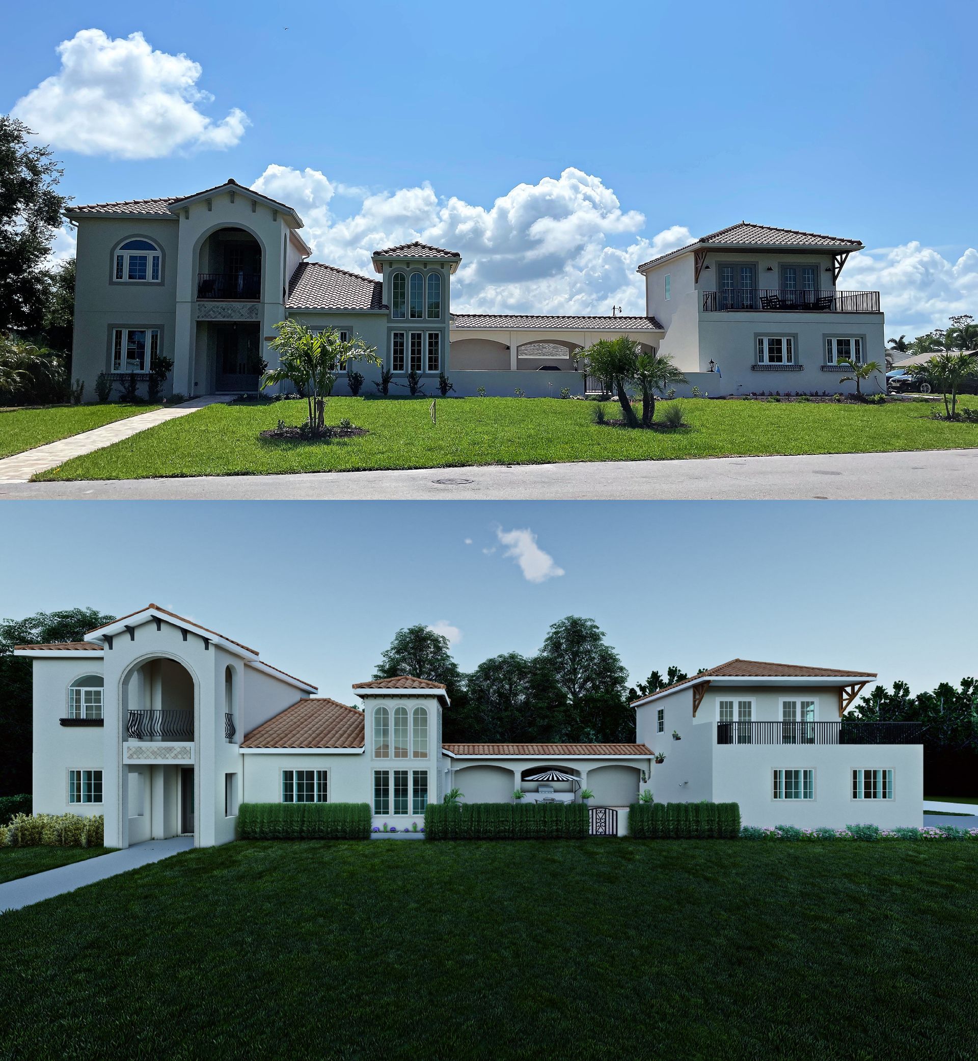 Comparison of a house: top photo, actual house, bottom photo, digitally enhanced version.