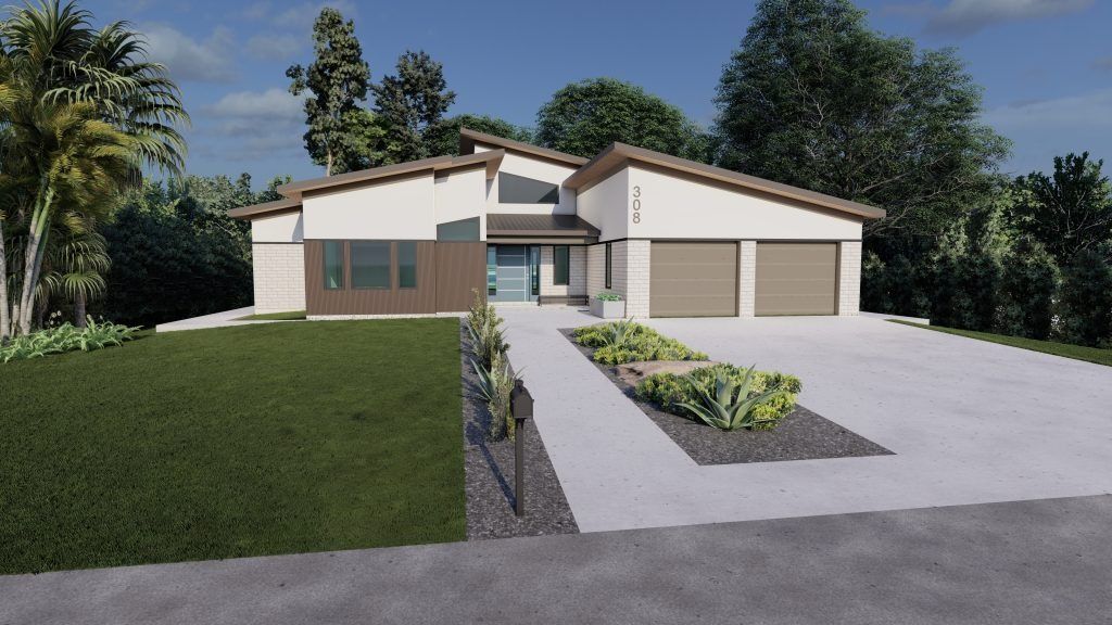 Modern house with a slanted roof, two-car garage, and a light blue front door.