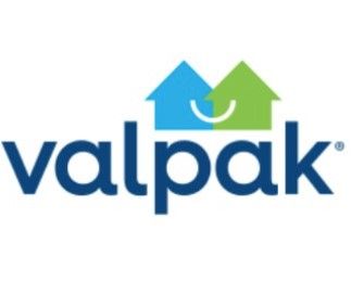 A blue and green logo for valpak with two houses