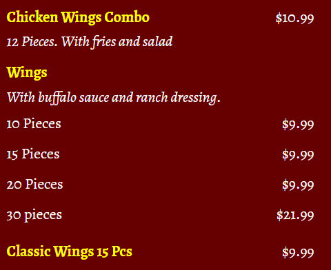 wings menu