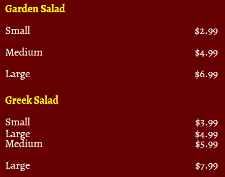 salad menu