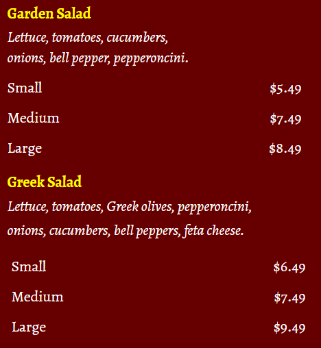 salad menu