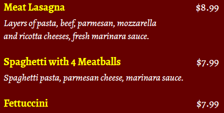 pasta menu