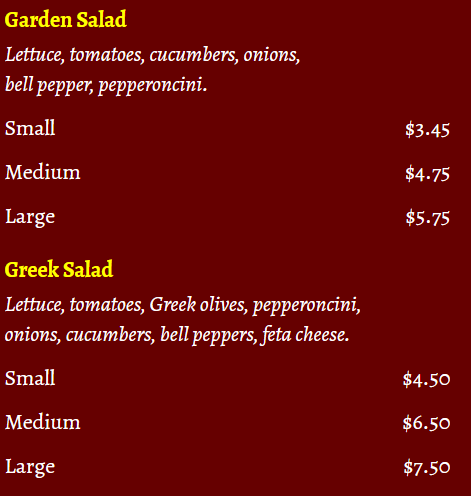 salad menu