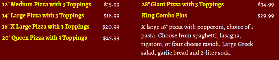 Specialty Pizza menu