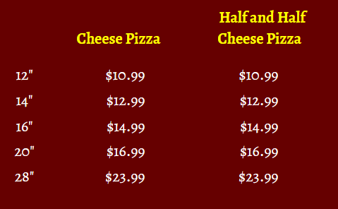 pizza price menu