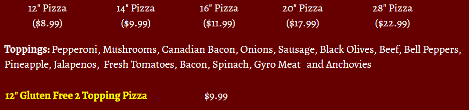 pizza price menu