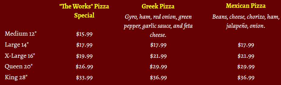 Pizza menu